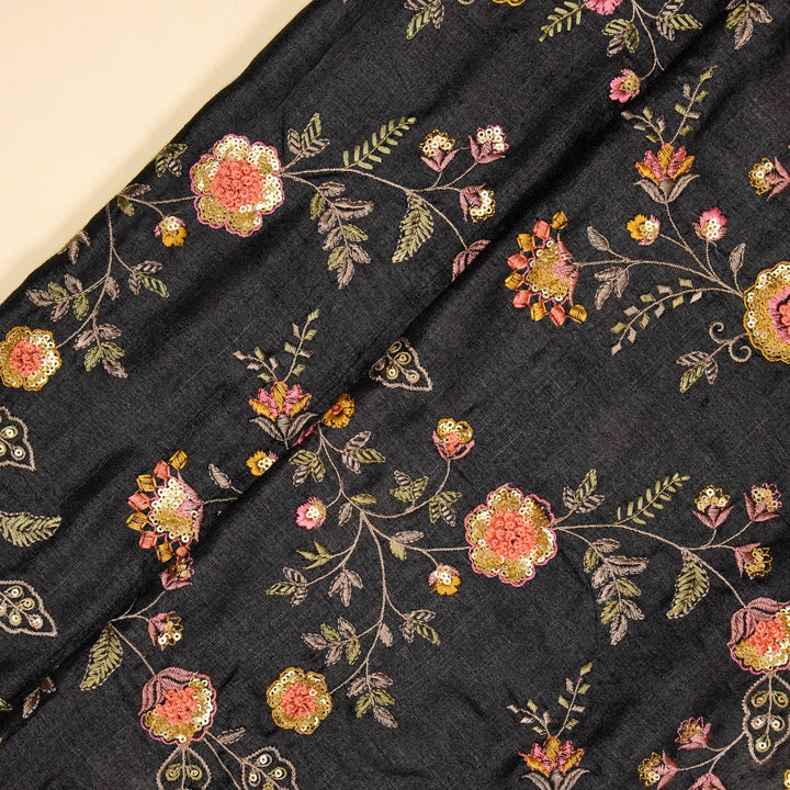 Saahili Jaal on Black Tussar Silk Embroidered Fabric