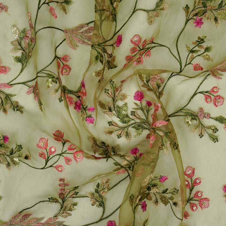 Nazm Jaal on Olive Silk Organza Embroidered Fabric