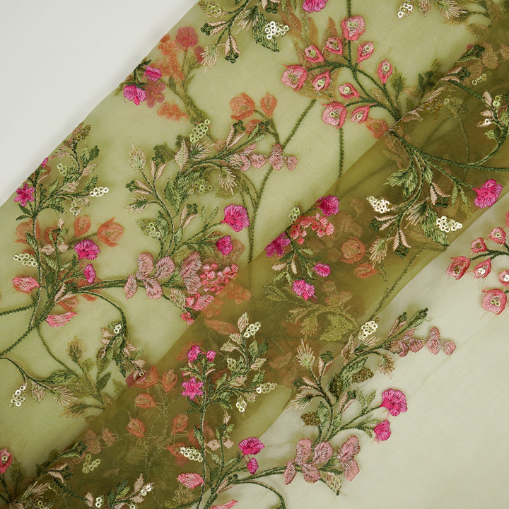 Nazm Jaal on Olive Silk Organza Embroidered Fabric