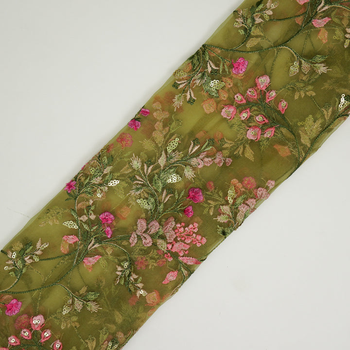 Nazm Jaal on Olive Silk Organza Embroidered Fabric