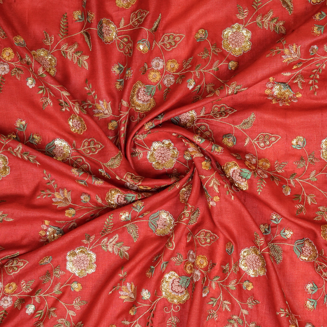 Saahili Jaal on Maroon Tussar Silk Embroidered Fabric
