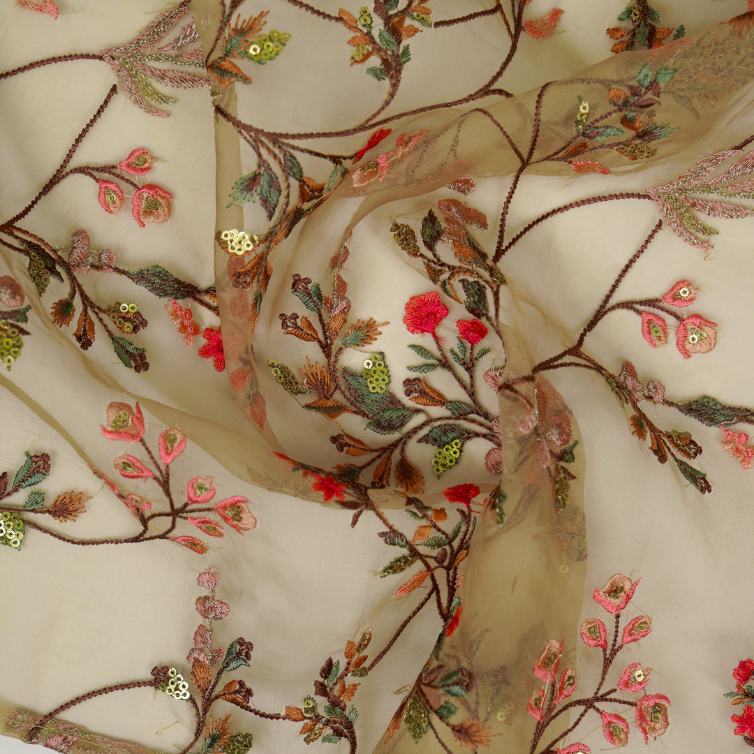 Nazm Jaal on Chiku Silk Organza Embroidered Fabric