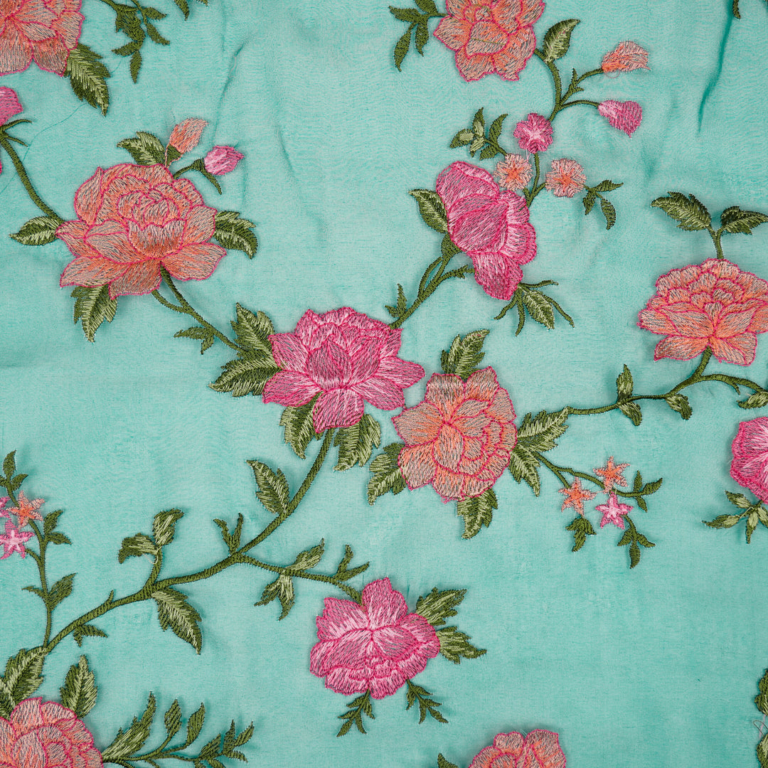 Suman Jaal on Teal Blue Silk Organza Embroidered Fabric