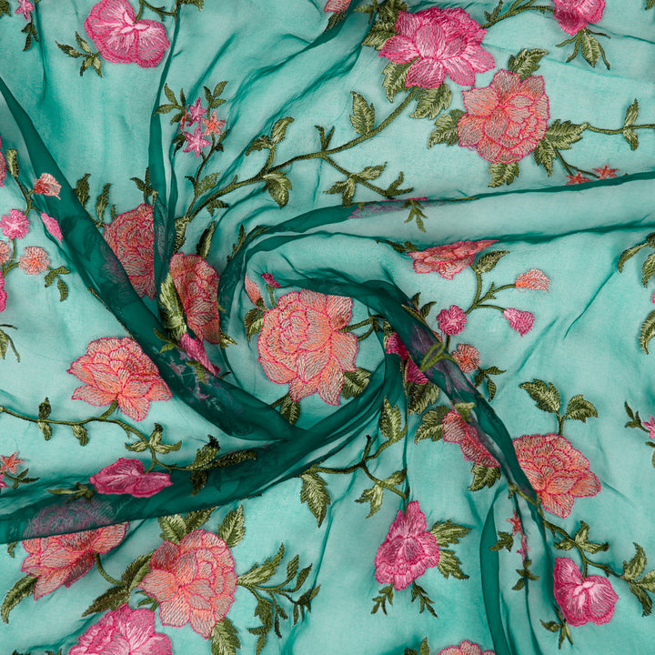 Suman Jaal on Teal Blue Silk Organza Embroidered Fabric