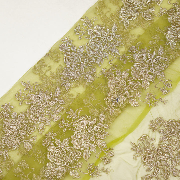 Lime Green Net Rukhsaar Jaal Embroidered Fabric