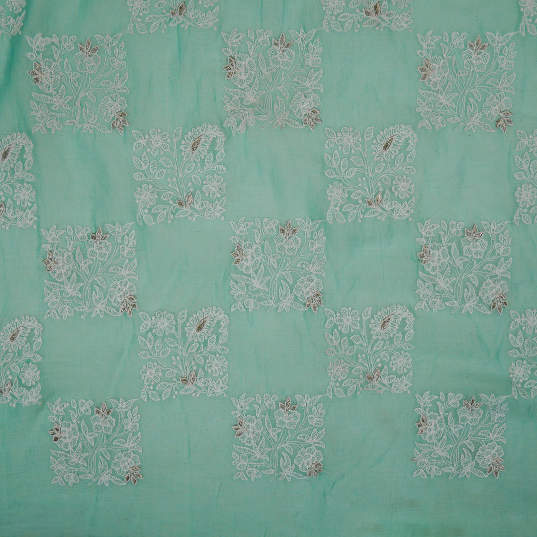 Chokor Buta on Aqua Cotton Silk Embroidered Fabric
