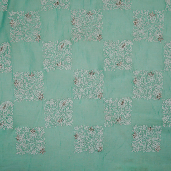 Chokor Buta on Aqua Cotton Silk Embroidered Fabric