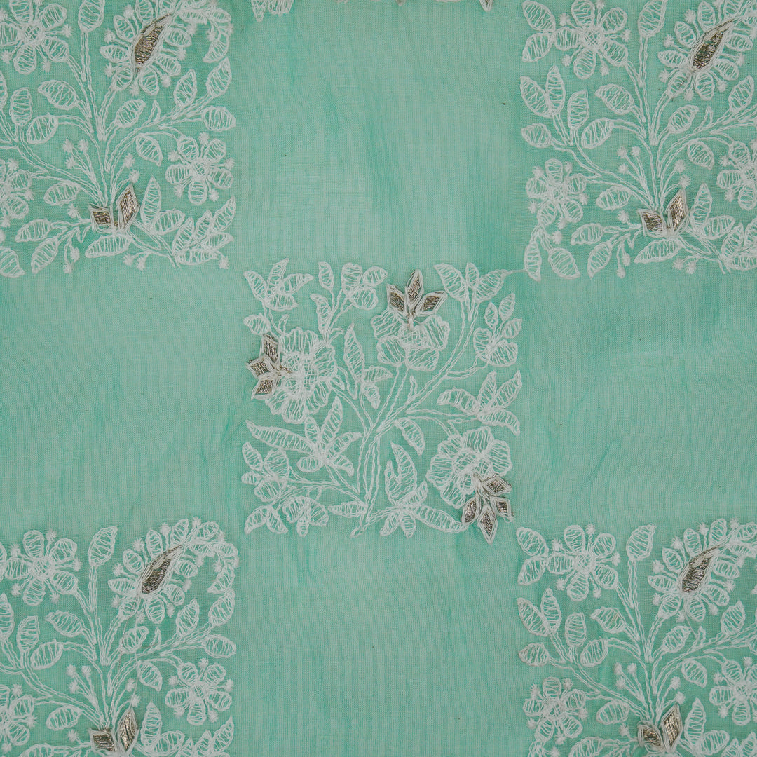 Chokor Buta on Aqua Cotton Silk Embroidered Fabric