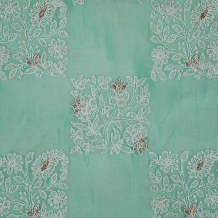 Chokor Buta on Aqua Cotton Silk Embroidered Fabric