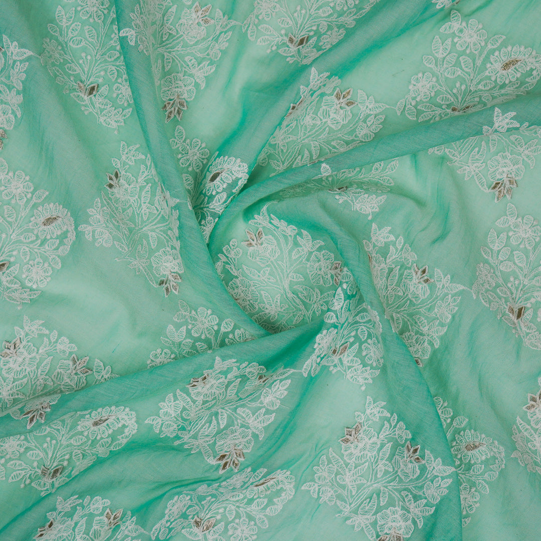 Chokor Buta on Aqua Cotton Silk Embroidered Fabric