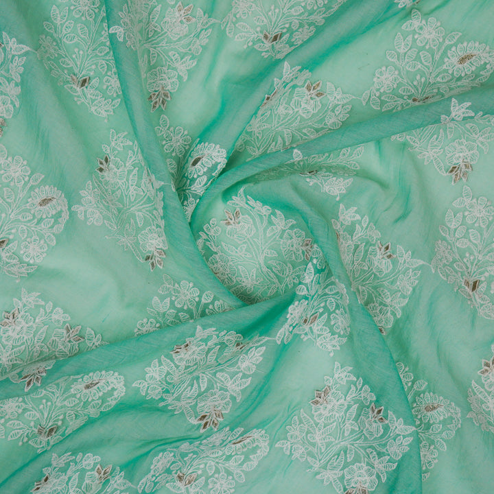 Chokor Buta on Aqua Cotton Silk Embroidered Fabric