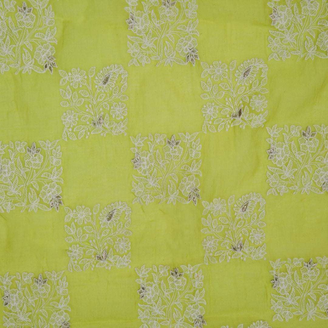 Chokor Buta on Lime Green Cotton Silk Embroidered Fabric