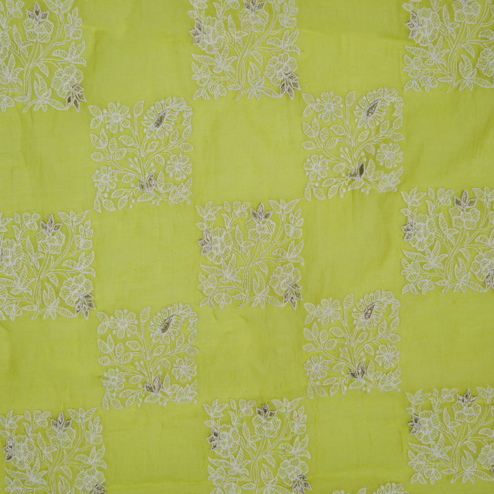 Chokor Buta on Lime Green Cotton Silk Embroidered Fabric