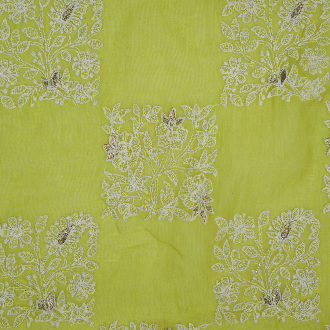 Chokor Buta on Lime Green Cotton Silk Embroidered Fabric