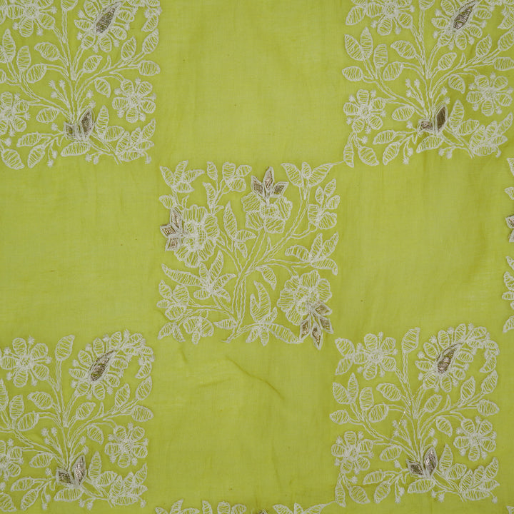 Chokor Buta on Lime Green Cotton Silk Embroidered Fabric