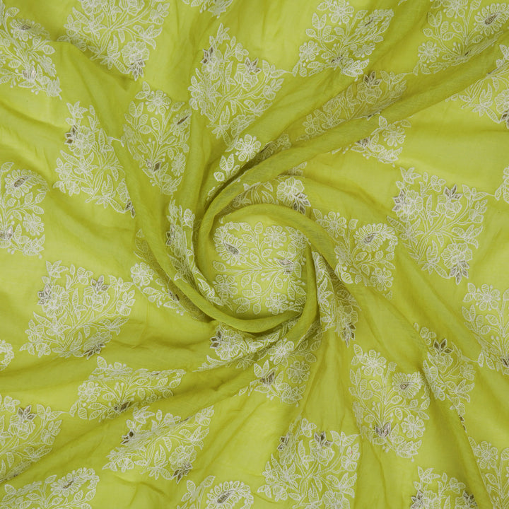 Chokor Buta on Lime Green Cotton Silk Embroidered Fabric