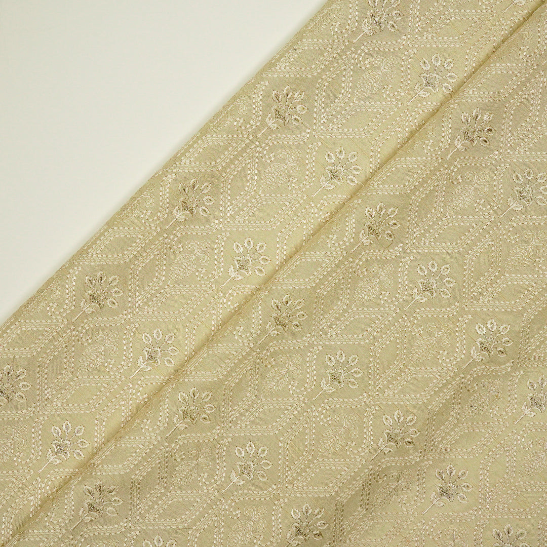 Taraangi Jaal on Cream Dola Silk Embroidered Fabric