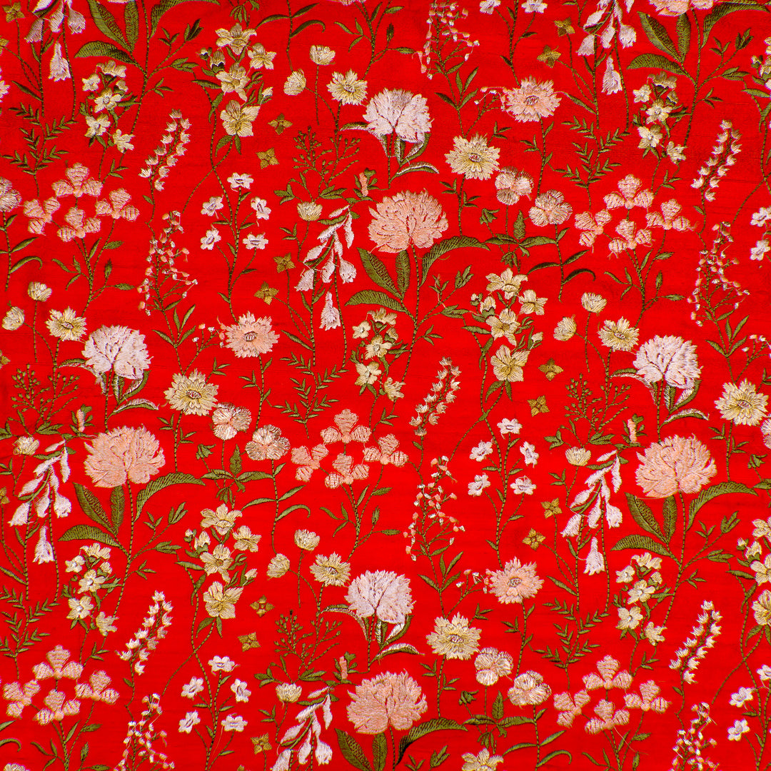 Mehvish Jaal on Red Raw Silk Embroidered Fabric
