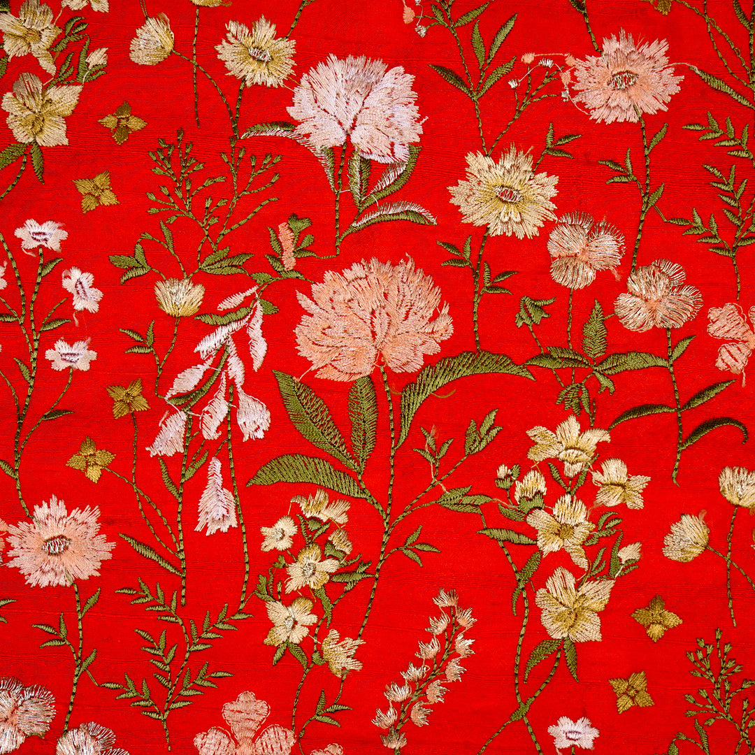 Mehvish Jaal on Red Raw Silk Embroidered Fabric