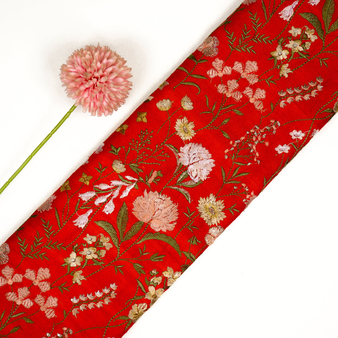 Mehvish Jaal on Red Raw Silk Embroidered Fabric