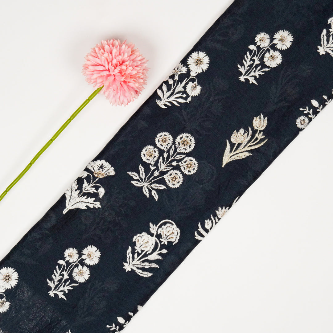 Alaya Floral Buta on Dark Ink Blue Silk Chanderi Embroidered Fabric