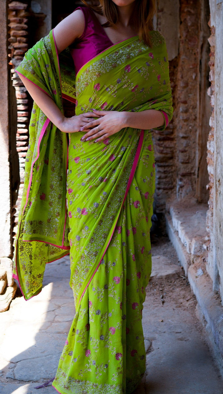 Mayila Embroidered Saree on Parrot Green Pure Silk Georgette