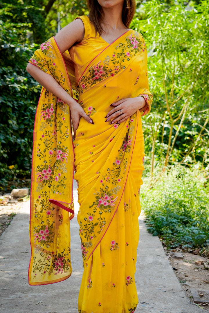 Suvarna Embroidered Saree on Gold Pure Silk Georgette