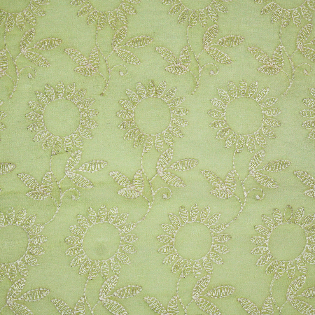 Chikankari Style Embroidery on Light Lime Georgette