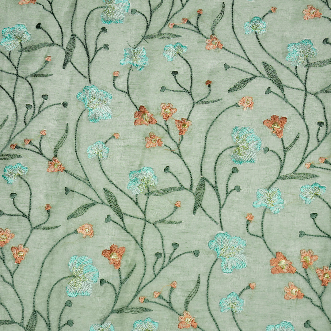 Light Teal Silk Linen Akshara Jaal Embroidered Fabric