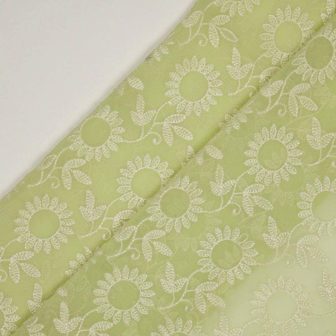 Chikankari Style Embroidery on Light Lime Georgette