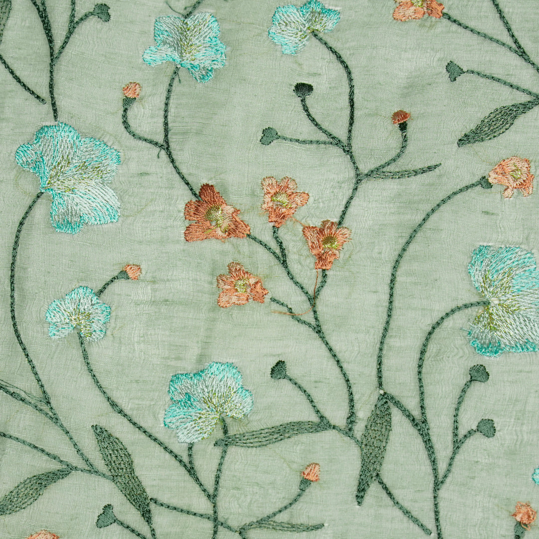 Light Teal Silk Linen Akshara Jaal Embroidered Fabric