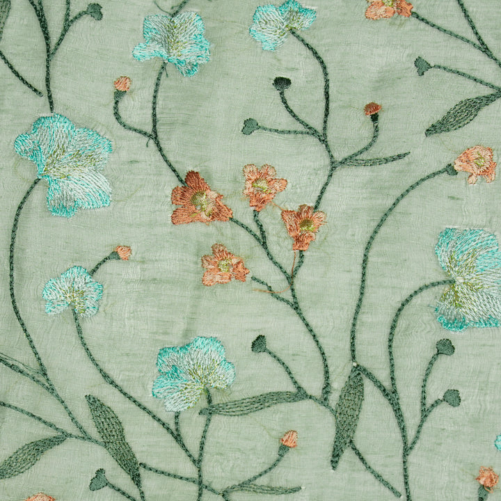 Light Teal Silk Linen Akshara Jaal Embroidered Fabric