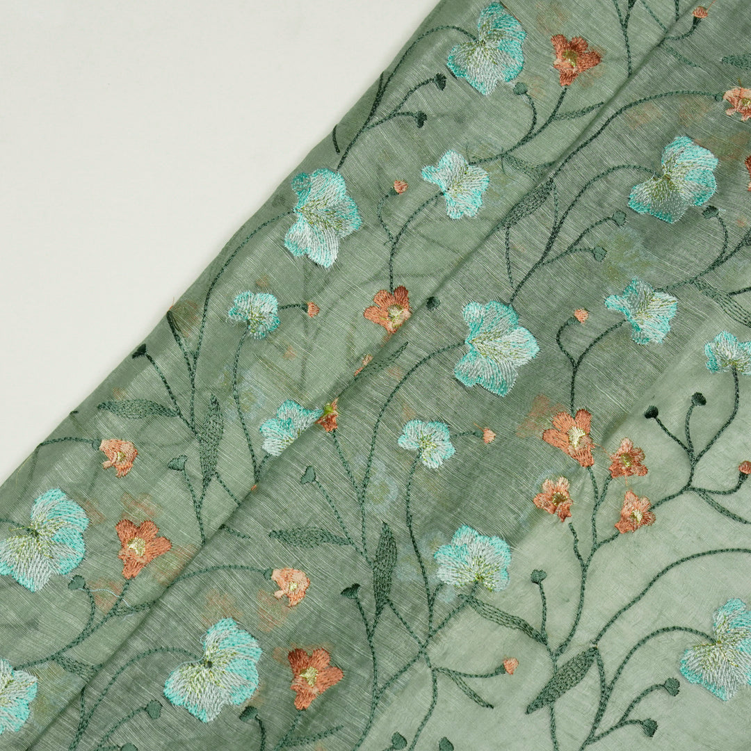 Light Teal Silk Linen Akshara Jaal Embroidered Fabric