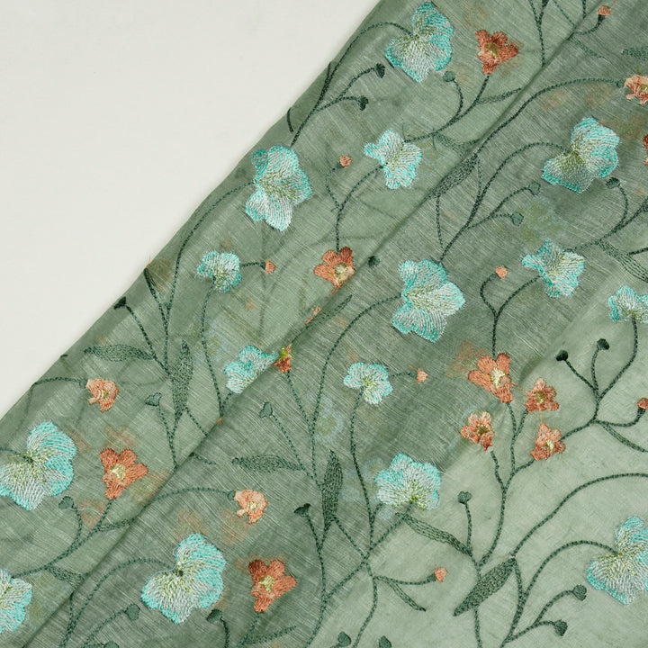 Light Teal Silk Linen Akshara Jaal Embroidered Fabric