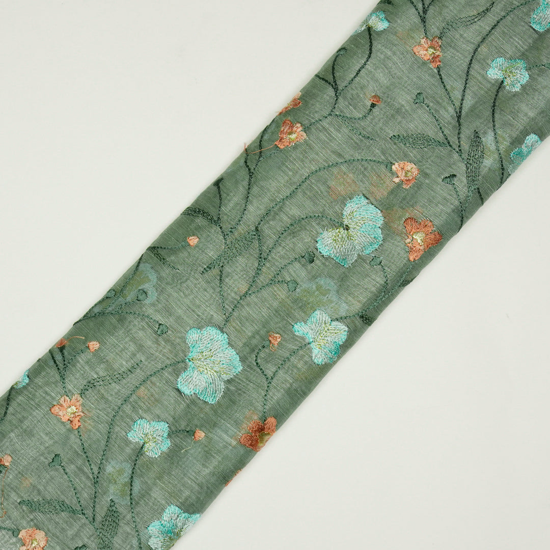 Akshara Jaal on Light Teal Silk Linen Embroidered Fabric