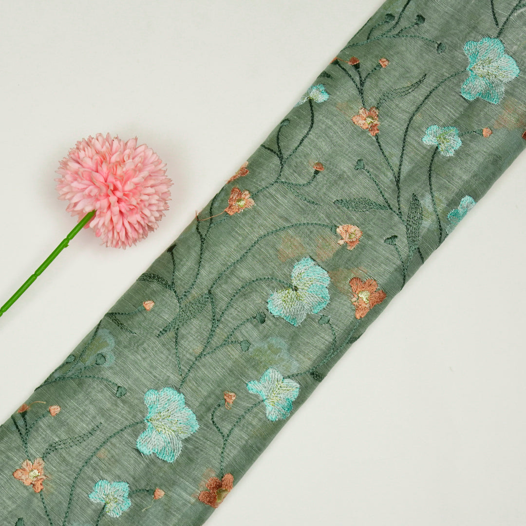 Light Teal Silk Linen Akshara Jaal Embroidered Fabric