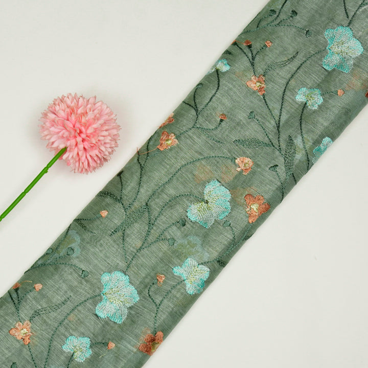 Light Teal Silk Linen Akshara Jaal Embroidered Fabric