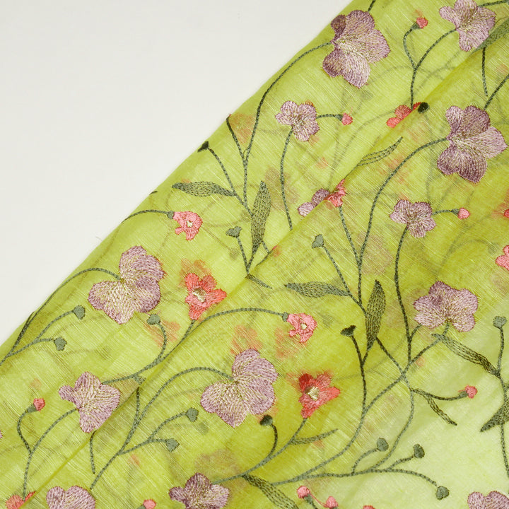 Akshara Jaal on Yellow Silk Linen Embroidered Fabric
