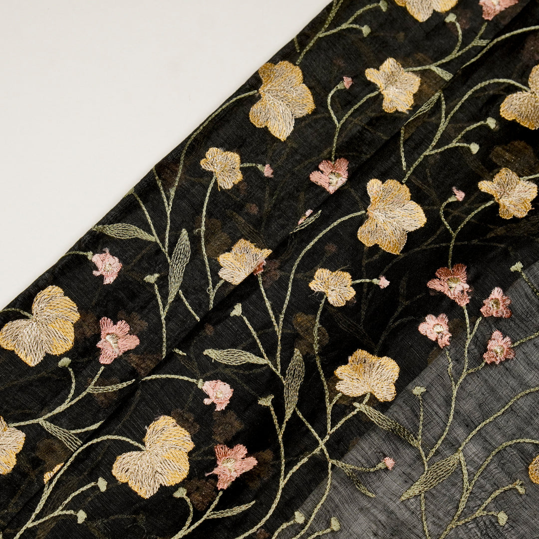 Akshara Jaal on Black Silk Linen Embroidered Fabric