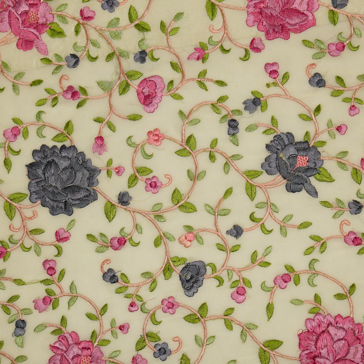 Cream Semi Georgette Floral Parsi Jaal Embroidered Fabric