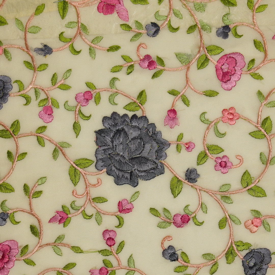 Cream Semi Georgette Floral Parsi Jaal Embroidered Fabric