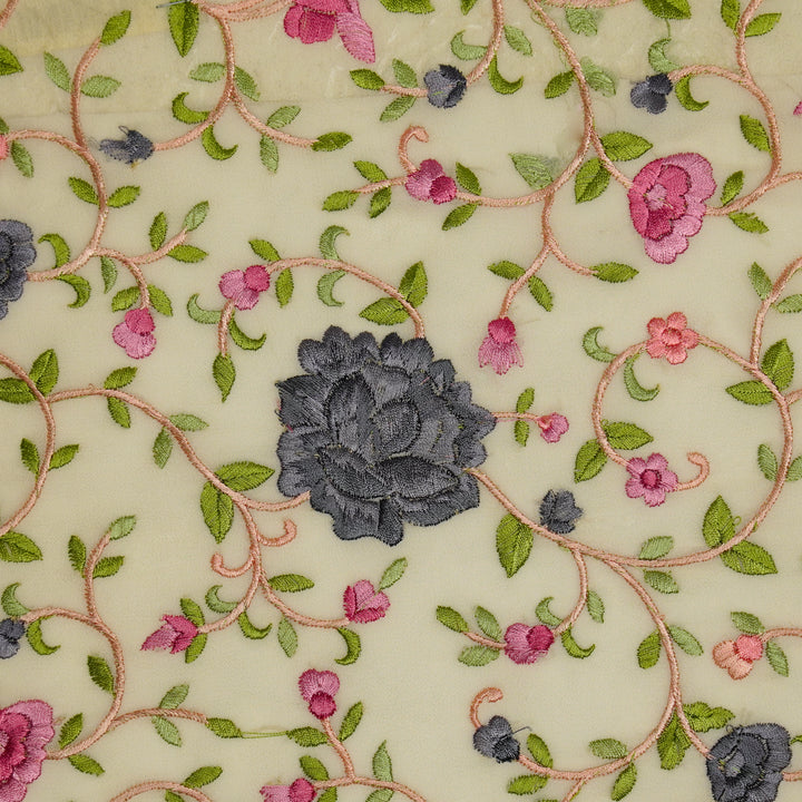 Cream Semi Georgette Floral Parsi Jaal Embroidered Fabric