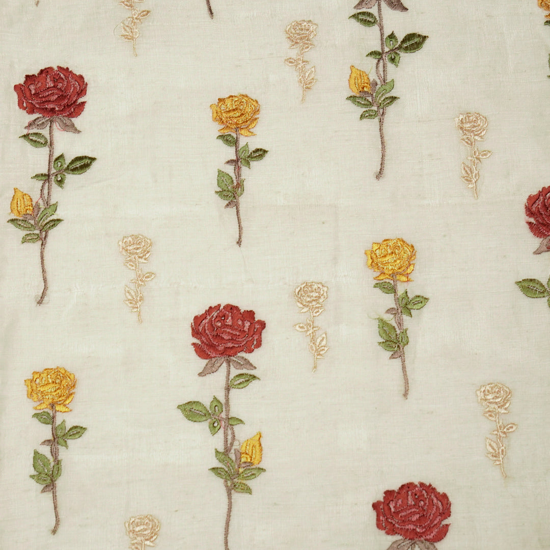 Yuvika Rose Buta on Ecru Silk Linen Embroidered Fabric