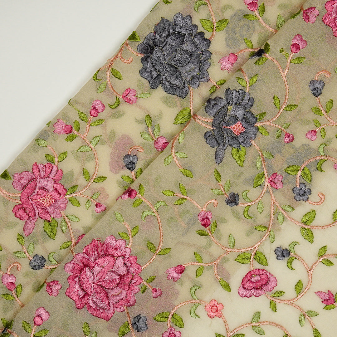 Cream Semi Georgette Floral Parsi Jaal Embroidered Fabric