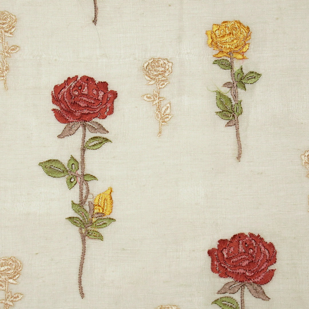 Yuvika Rose Buta on Ecru Silk Linen Embroidered Fabric