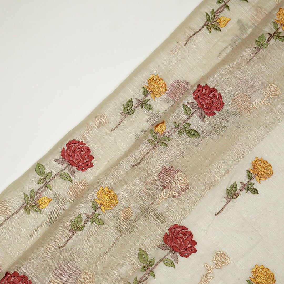 Yuvika Rose Buta on Ecru Silk Linen Embroidered Fabric