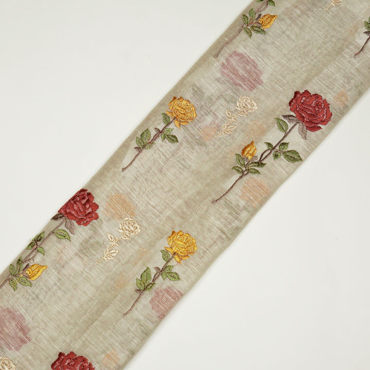 Yuvika Rose Buta on Ecru Silk Linen Embroidered Fabric