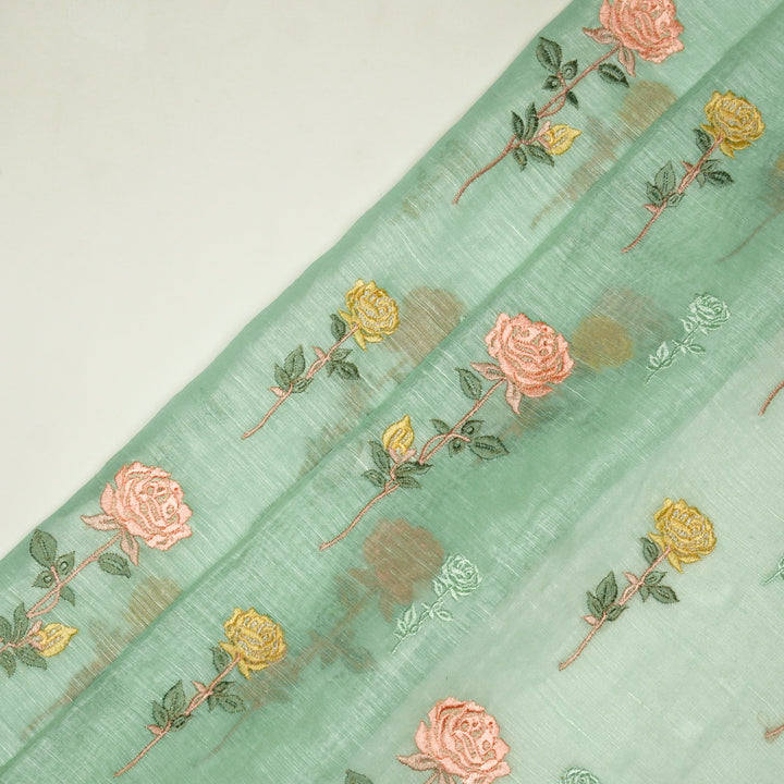 Yuvika Rose Buta on Mint Green Silk Linen Embroidered Fabric