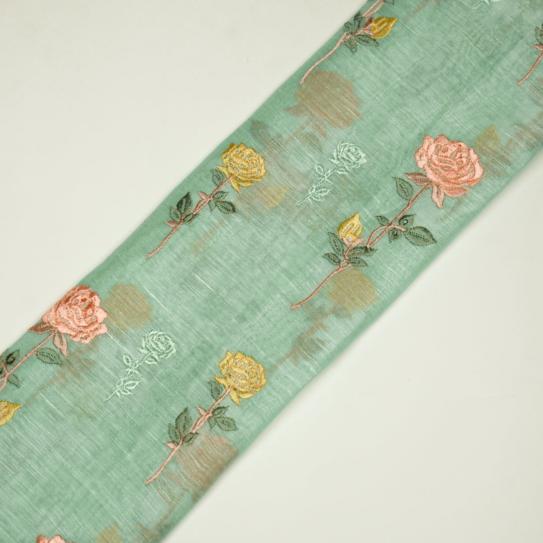 Yuvika Rose Buta on Mint Green Silk Linen Embroidered Fabric