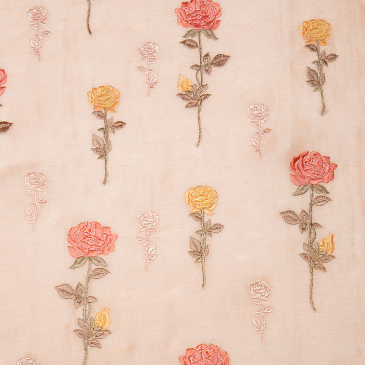 Yuvika Rose Buta on Light Peach Silk Linen Embroidered Fabric